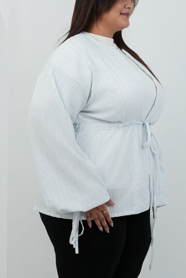 STRIPED TEXTURED TIE-FRONT BLOUSE