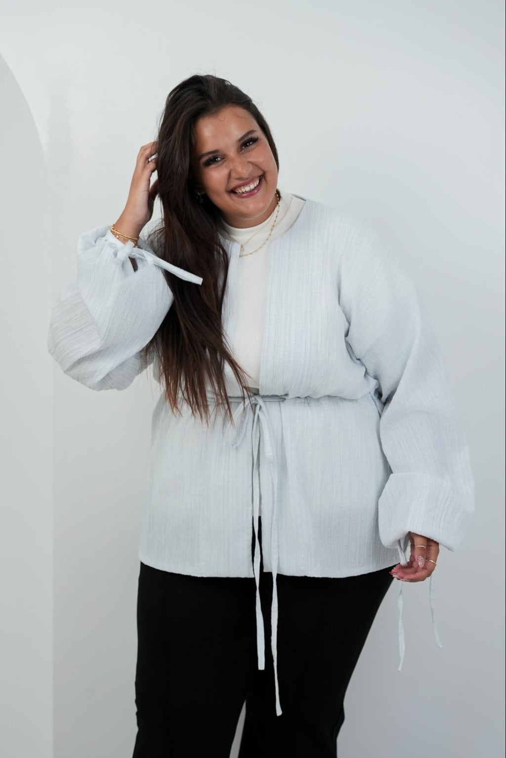 STRIPED TEXTURED TIE-FRONT BLOUSE