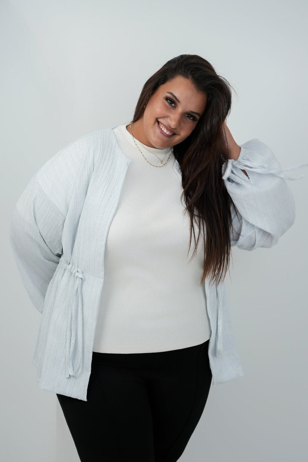 STRIPED TEXTURED TIE-FRONT BLOUSE