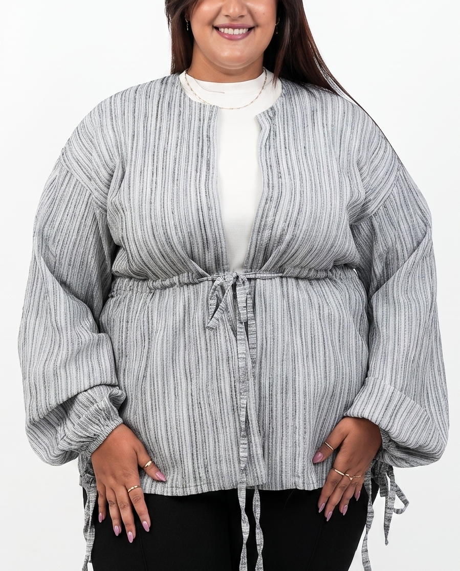 STRIPED TEXTURED TIE-FRONT BLOUSE