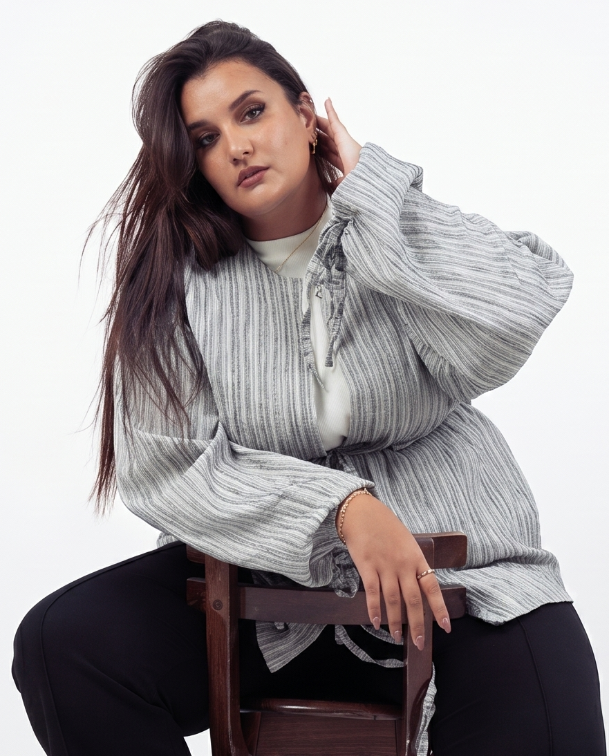 STRIPED TEXTURED TIE-FRONT BLOUSE